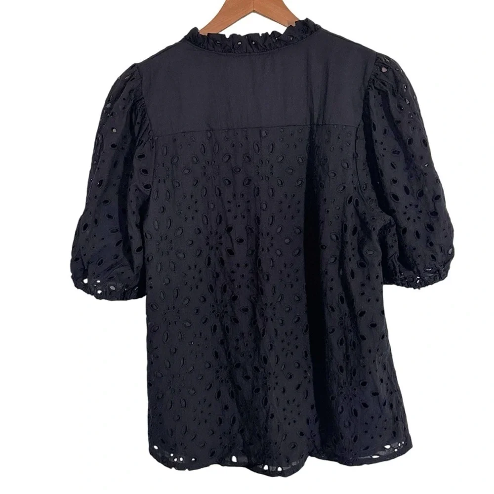 Pretty Garden Eyelet Short Lantern Puffy Sleeve  Blouse Black Size XL - Picture 5 of 7